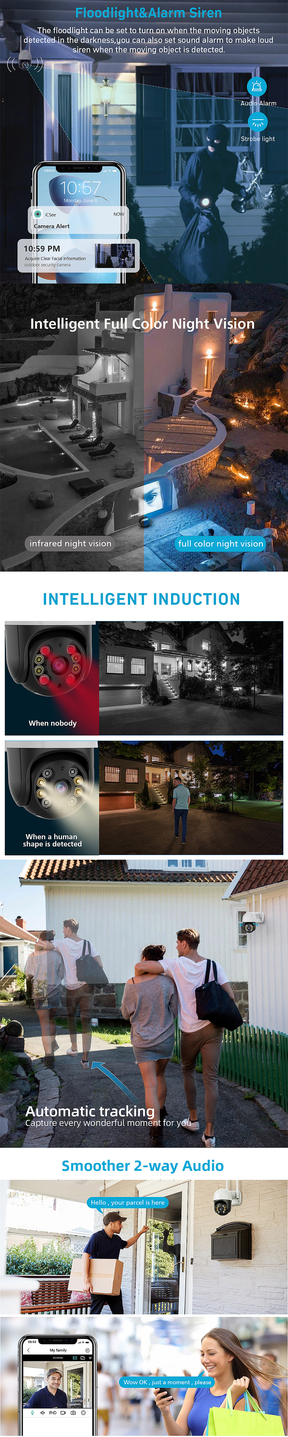 1080P PTZ Wifi IP Camera Outdoor Wireless PTZ Surveillance Security Video Cam Intelligent Two-Way Audio Night Vision Remote APP Monitoring Notifications Push Camera for Home Safety