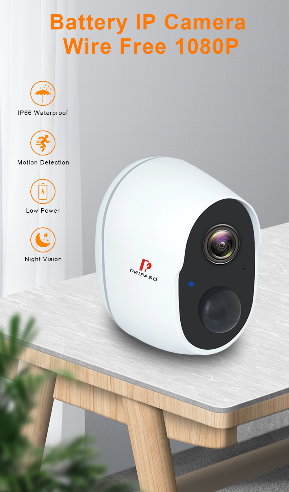 Pripaso 1080P Wireless Battery Powered IP CCTV Camera Outdoor Indoor Home Waterproof Security Rechargeable Wifi Battery Camera