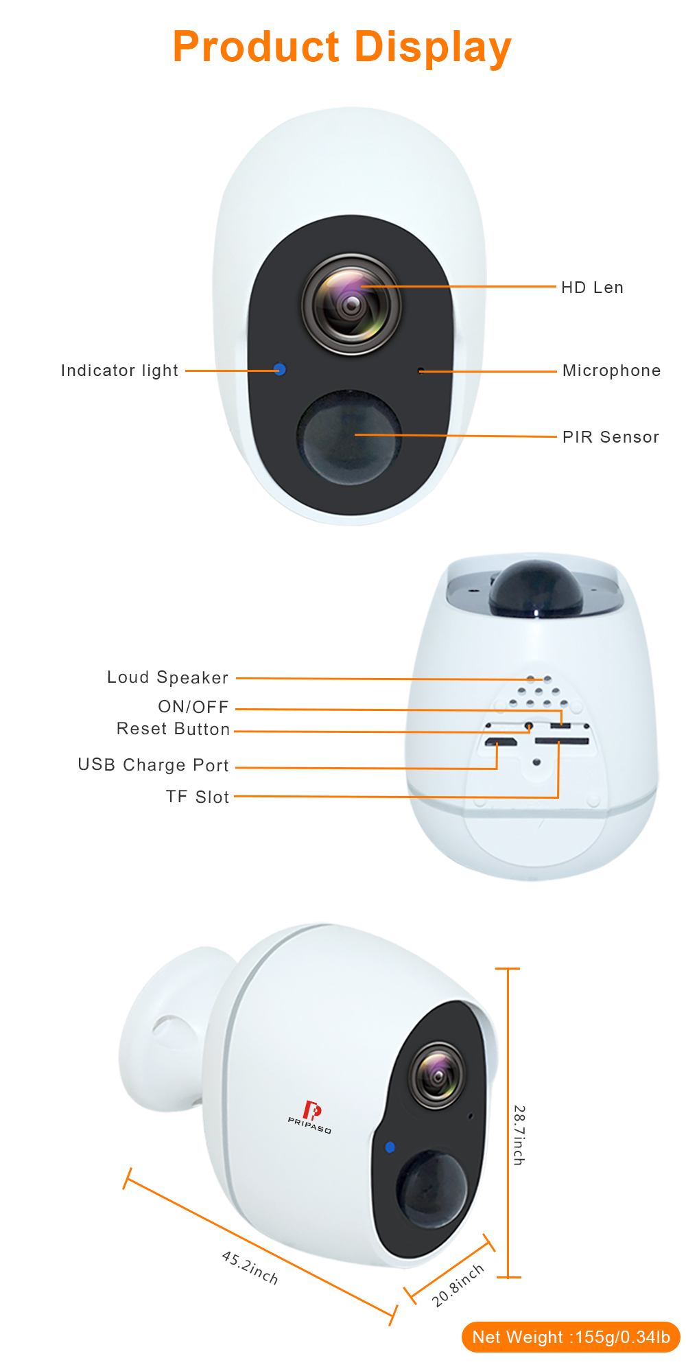 Pripaso 1080P Wireless Battery Powered IP CCTV Camera Outdoor Indoor Home Waterproof Security Rechargeable Wifi Battery Camera
