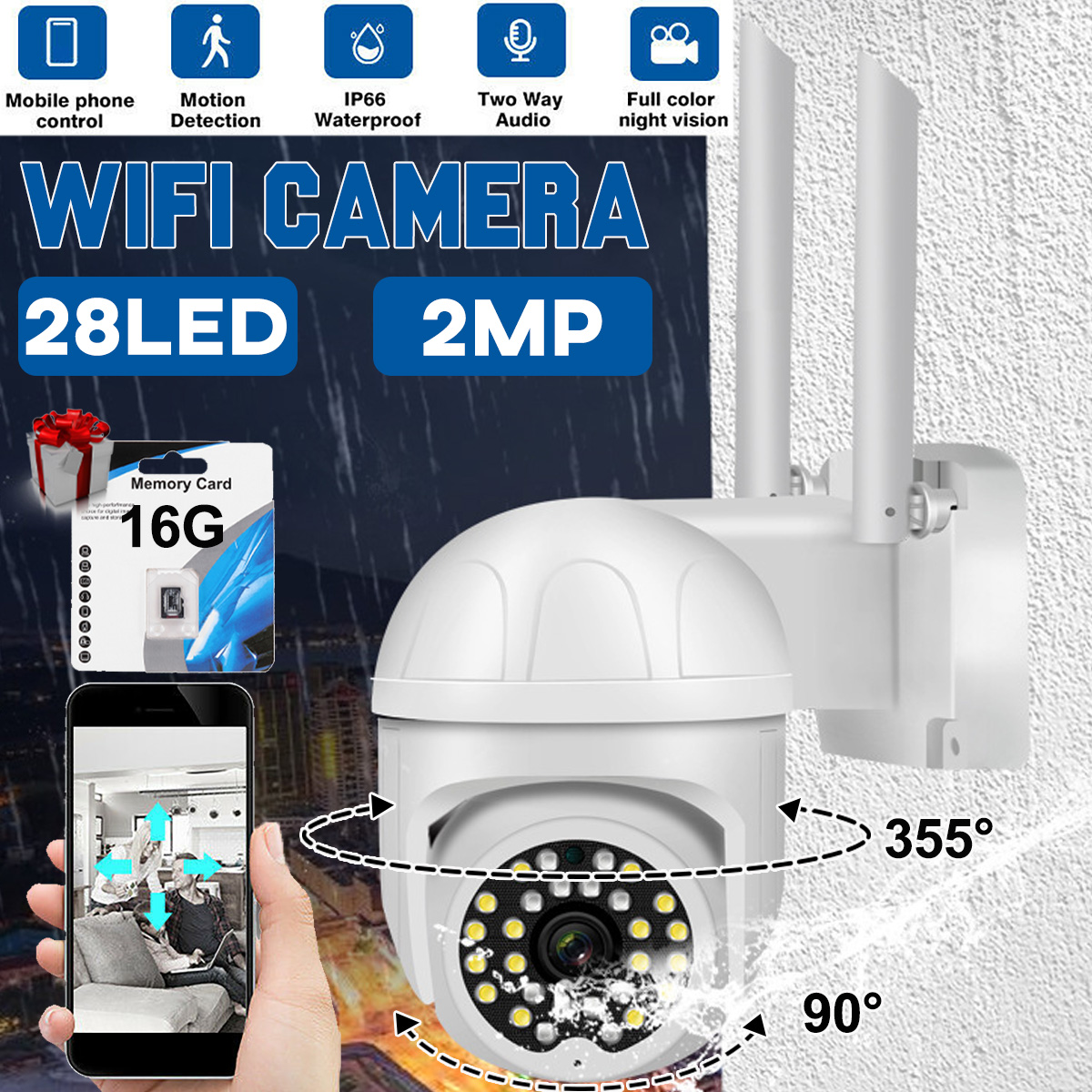 Wireless Wifi Security Camera 2MP HD Waterproof IP66 Night Vision Motion Detection Smart Alarm WIFI IP Camera Two-way Voice