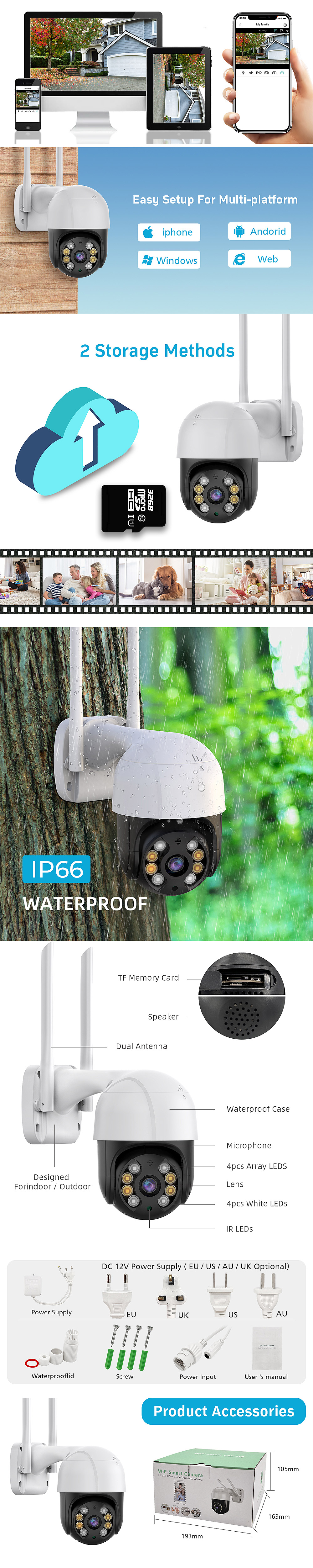 1080P PTZ Wifi IP Camera Outdoor Wireless PTZ Surveillance Security Video Cam Intelligent Two-Way Audio Night Vision Remote APP Monitoring Notifications Push Camera for Home Safety