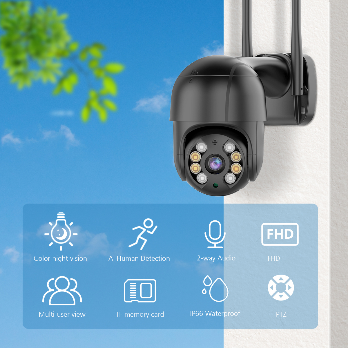 1080P Home WiFi Security Camera Wireless PTZ Night Vision Two-way Intercom APP Remote Viewing AI Alarm Push Video Playback Built-in Hotspot IP66 Waterproof Security Monitoring Camera