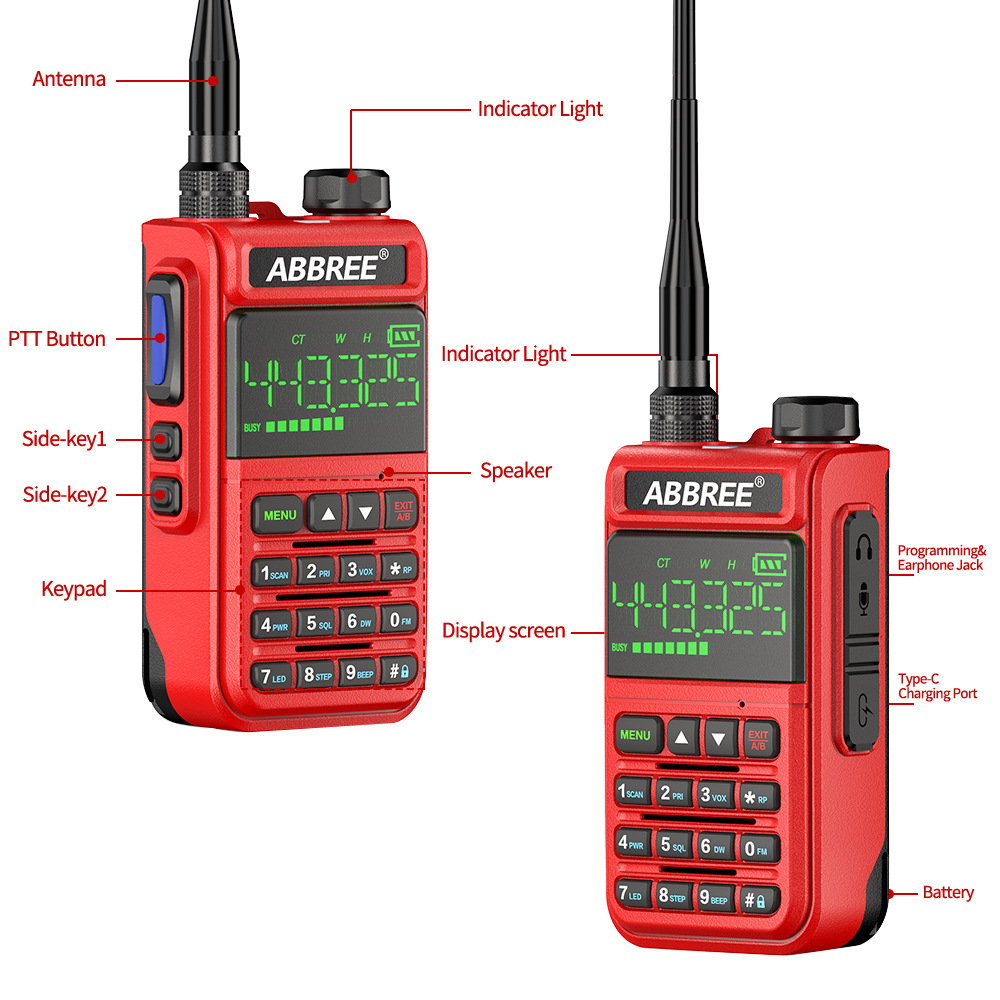 ABBREE AR-518 Full Bands Walkie Talkie 128 Channels LCD Color Screen Two Way Radio Air Band DTMF SOS Emergency Function