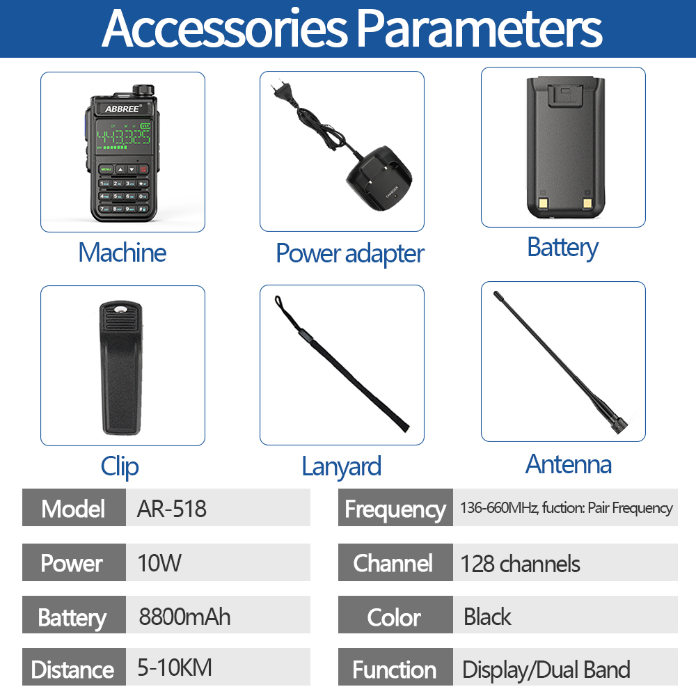 ABBREE AR-518 Full Bands Walkie Talkie 128 Channels LCD Color Screen Two Way Radio Air Band DTMF SOS Emergency Function