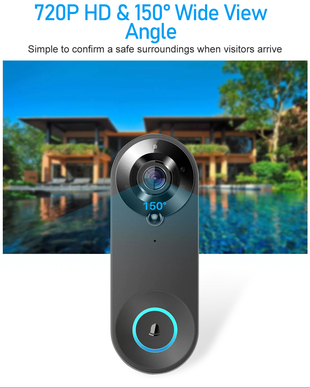 W3 720P WiFi Video Doorbell Intelligent IR Night Vision Two-way Audio Remote Phone Monitoring Motion Detection Alarm Support Memory Card Home Surveillance Wireless Camera Door Bell Work with Alexa Google