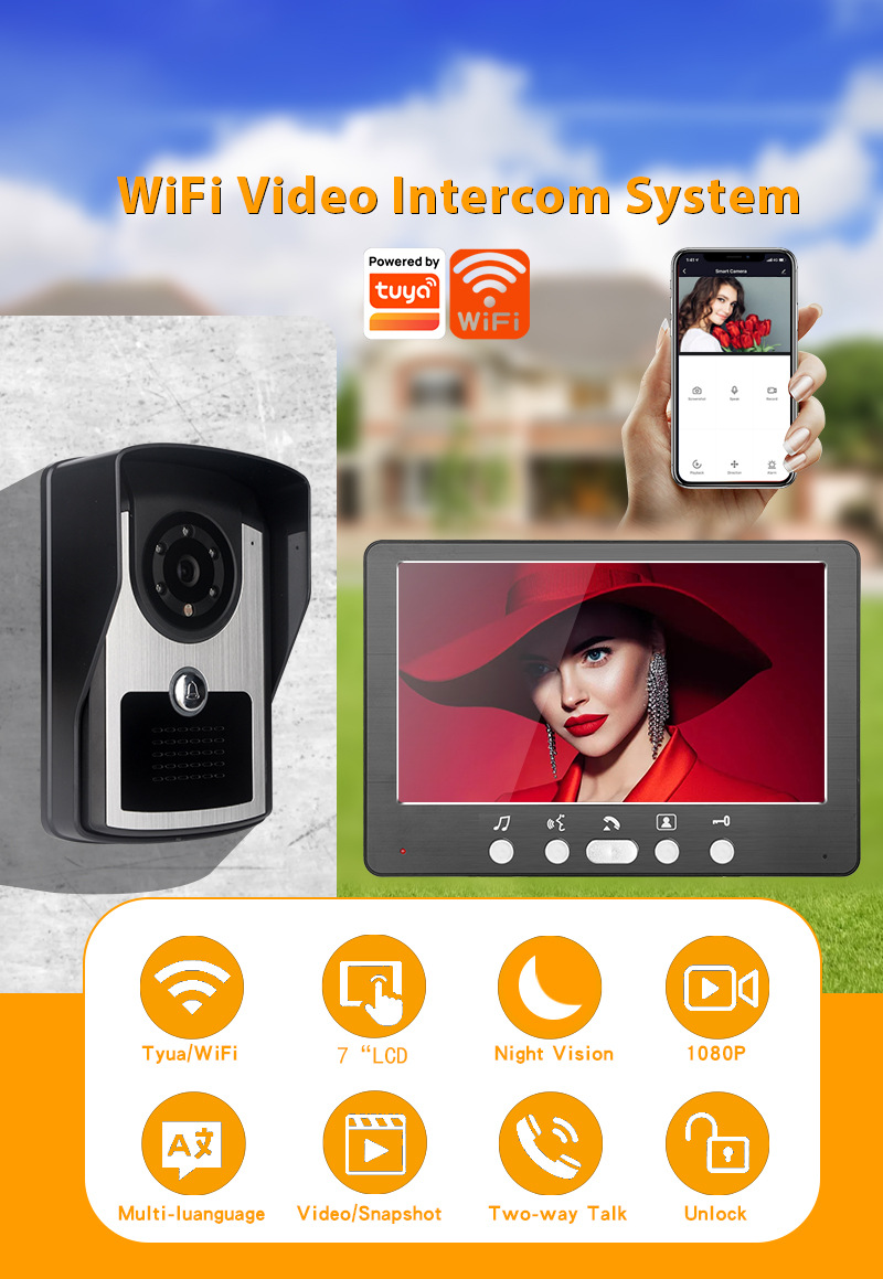 7 inch 1080P Tuya WiFi Video Intercom Doorbell System APP Remote Unlock Night Vision IP55 Waterproof Wireless Visual Doorbell with LCD Monitor for Home Apartment Security
