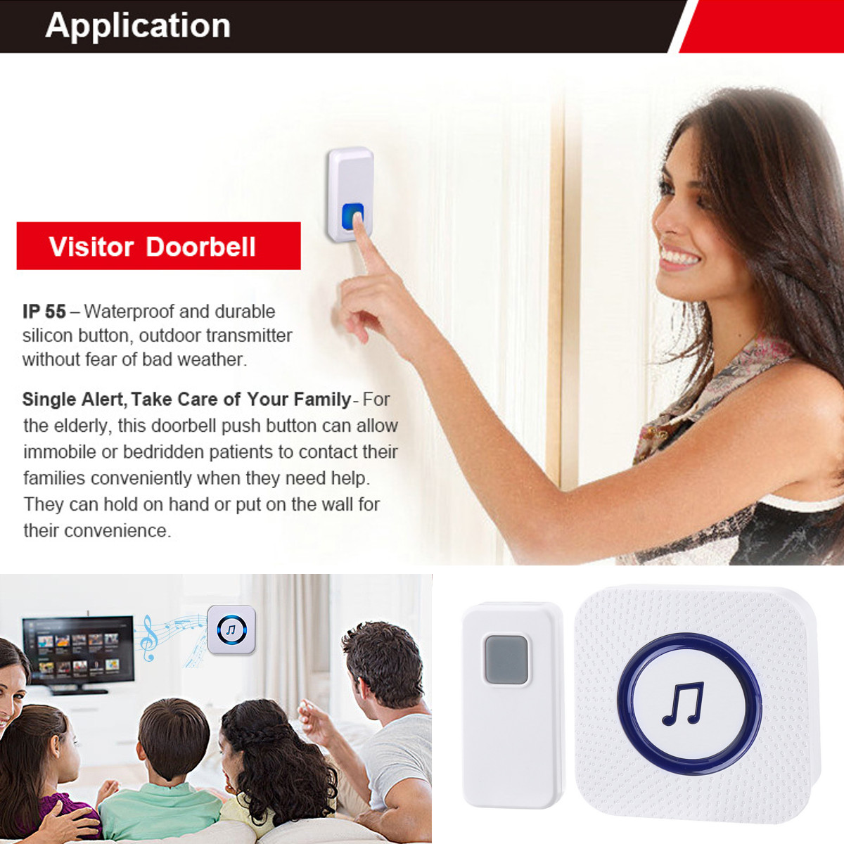 300M Waterproof Wireless Doorbell 55 Songs Chime LED Flash EU/US/UK/AU Plug