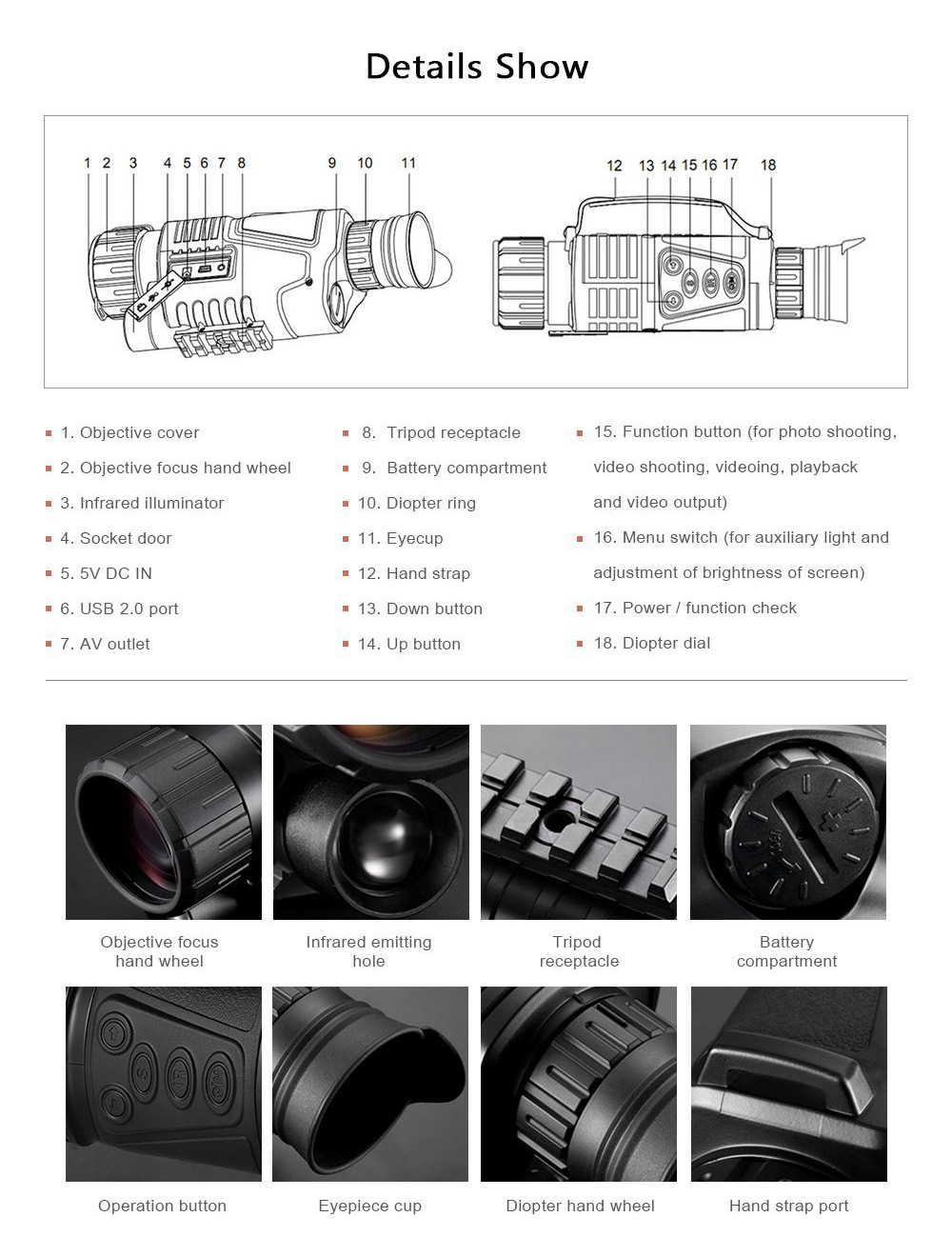 NVI-300 IR Infrared Digital Night Vision Wildlife Observe Hunting Telescope Range 200M Support Taking Photos Recording Replaying