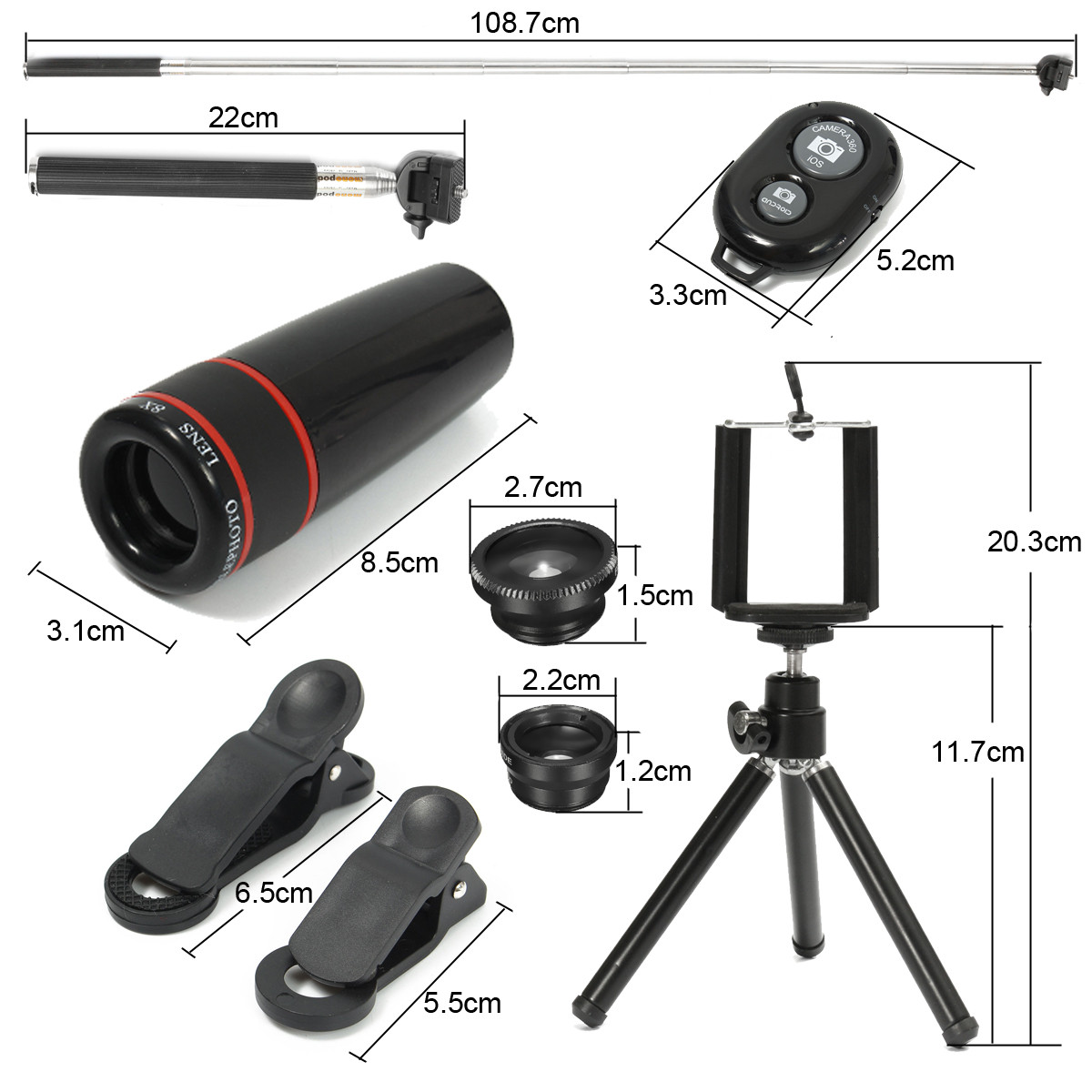 8X Telephoto Fisheye Lens bluetooth Selfie Shutter Stick Mini Tripod Set Kit for Smartphone Photography