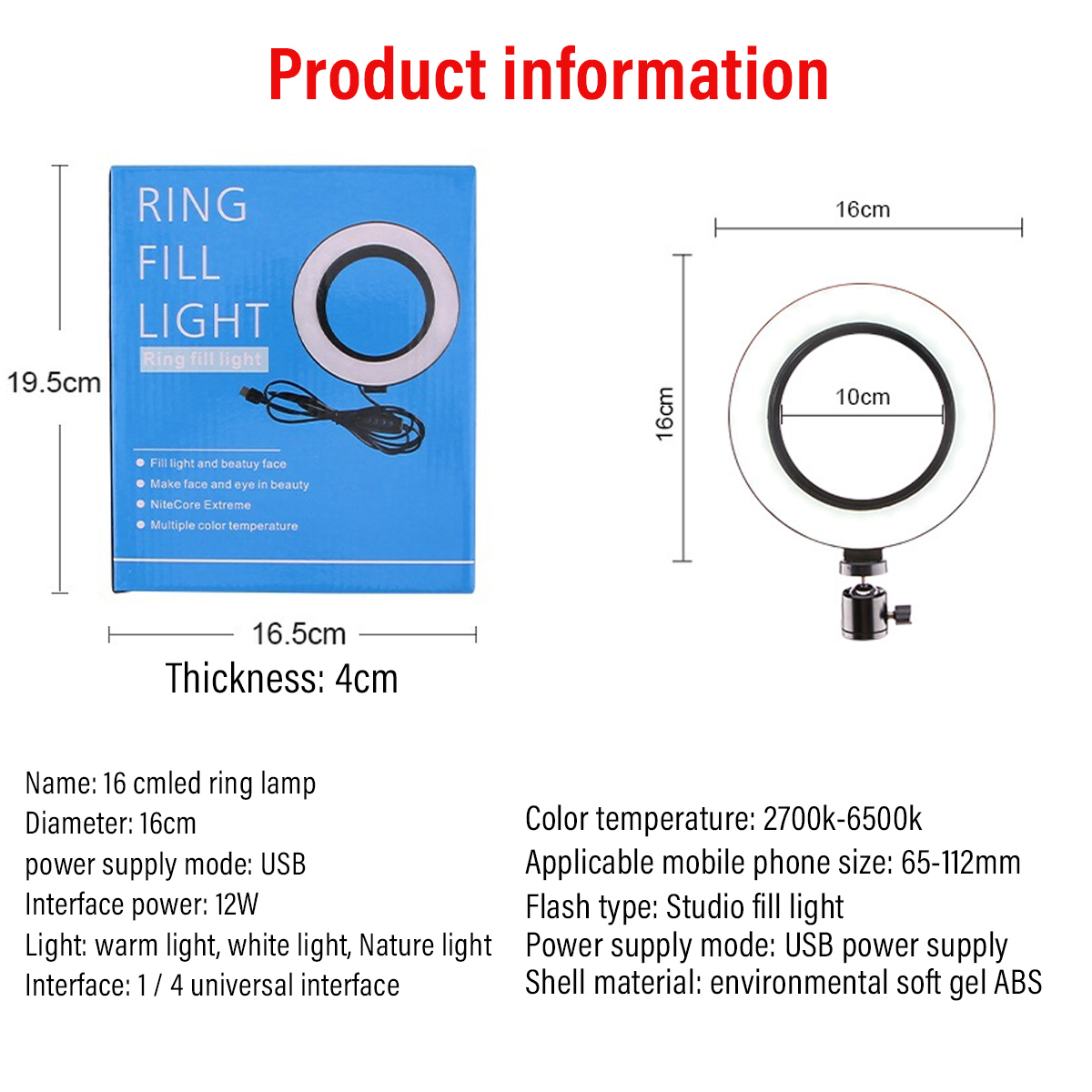16cm LED Ring Light Dimmable LED Beauty Ring Fill Light Photography for Selfie Live Stream Broadcast with Tripod Stand for Youtube Vloging