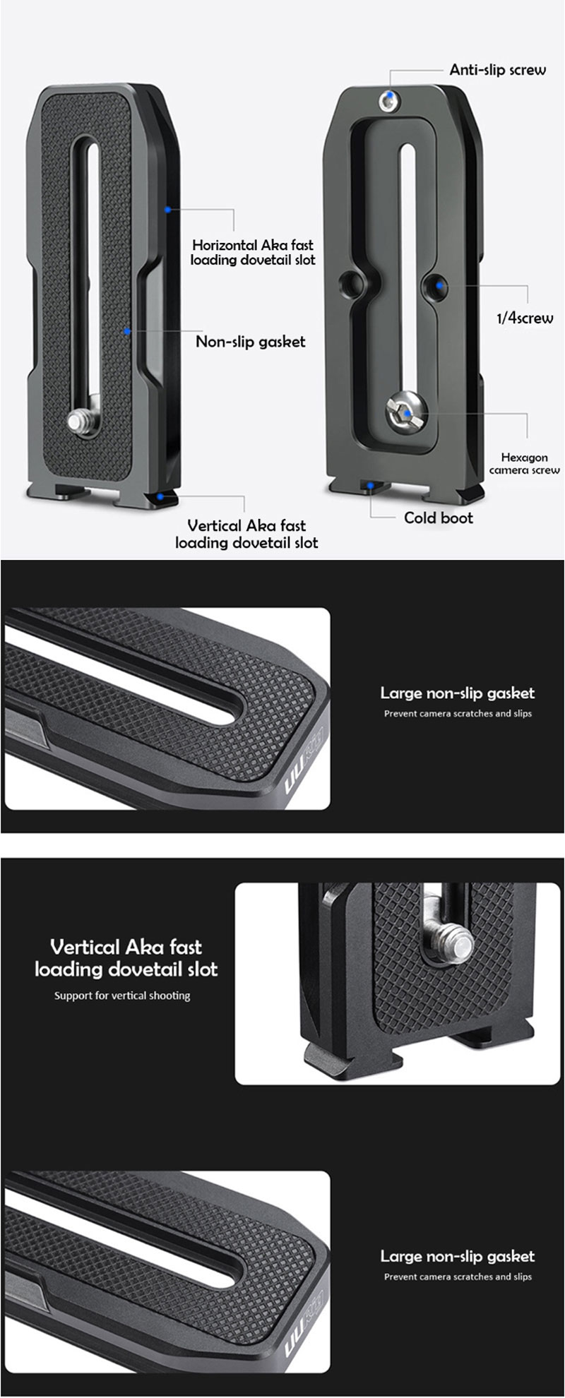 UURig R020 Horizontal Vertical Quick Release Plate with Cold Shoe Mount for DSLR Camera