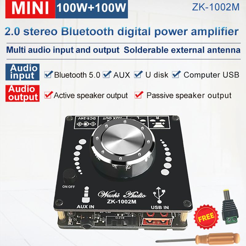 ZK-1002M 100W+100W Bluetooth 5.0 Power Audio Amplifier board Stereo AMP Amplificador Home Theater AUX USB 100W*2