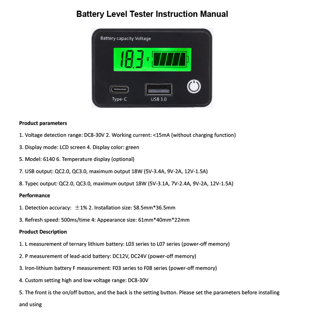 DC8-30V USB Type-C Lead Acid Lithium Battery Charge Capacity Indicator Car Motorcycle Digital Voltmeter Voltage Tester Meter Too