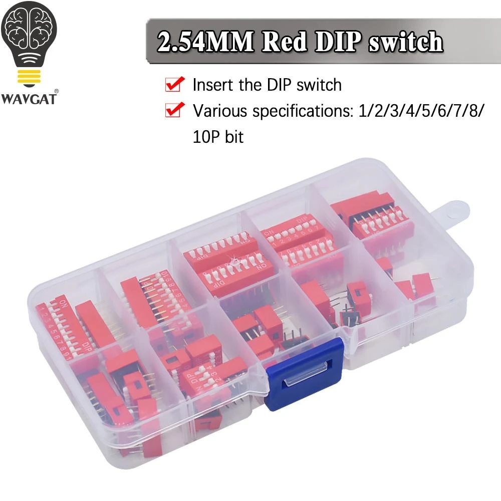 45Pcs Dip Switch Kit 2.54mm Toggle Switch Red Snap Switches Mixed Kit In Box 1 2 3 4 5 6 7 8 10 Way Combination Set